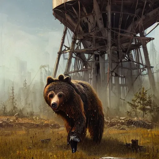 Prompt: a steampunk cyborg grizzly bear walking in a wasteland, abandoned barn in the background, collapsed water tower, painting by Greg Rutkowski