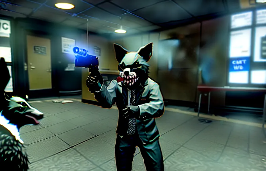 Image similar to Screenshot from the PC game Payday 2 demonstrating the fursuit unlock