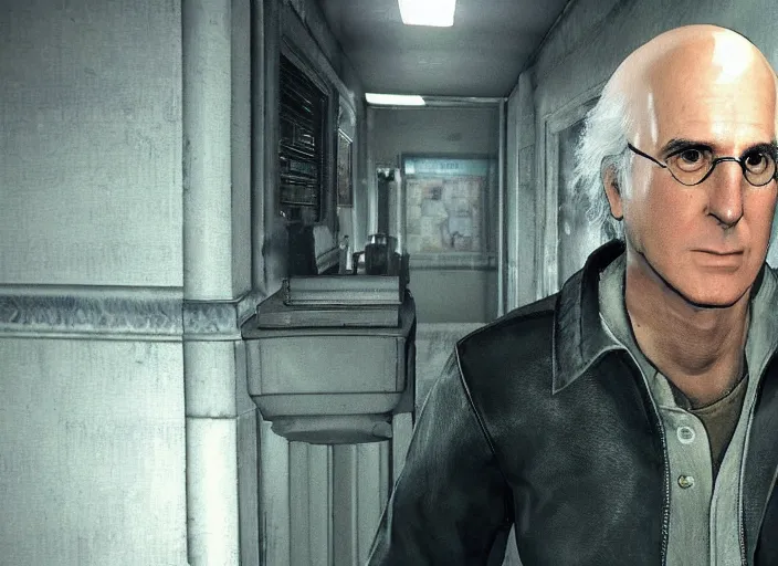 Prompt: video game still of larry david in the video game resident evil 2,