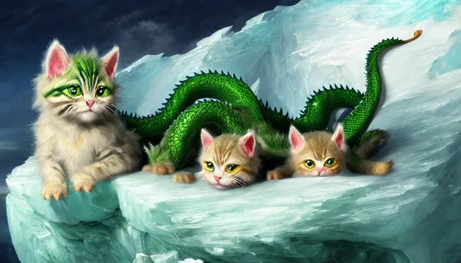 Image similar to highly detailed painting of cute baby furry green dragon kitty cats on a blue and white iceberg by william turner, by greg rutkowski, by william constable, thick brush strokes and visible paint layers, 4 k resolution