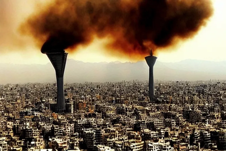 Prompt: Tehran is ruined. Aliens attacked Tehran. ruined buildings, apocalypse, Milad tower, fire, detailed, dramatic lighting, tragic