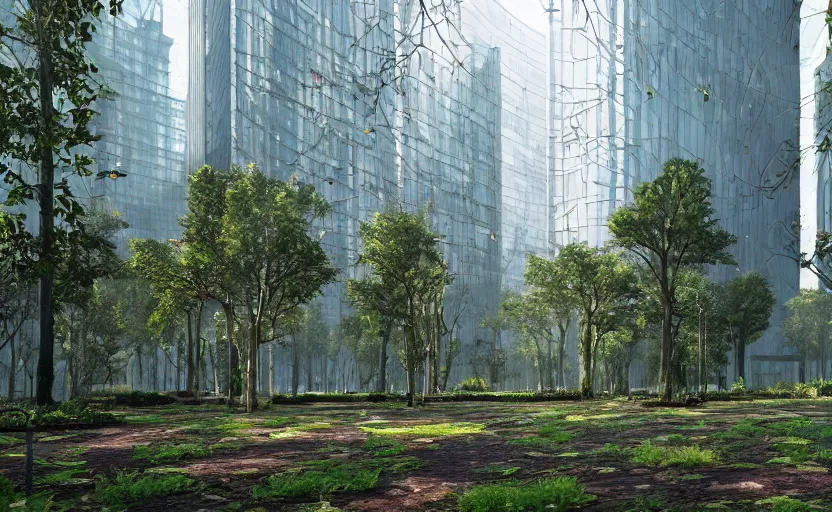 Prompt: sacred forest in the middle of skyscraper city