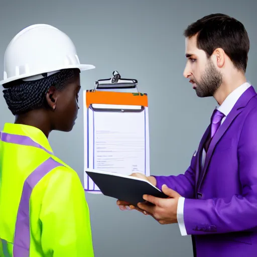 Prompt: woman in a purple suit scolding man in construction outfit holding clipboard, realistic, 4 k