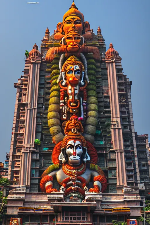 Prompt: hanuman! head building in mumbai!! centre, kalighat, highly detailed, high quality 3 d futuristic biomorphic, cinematic smooth, berenice abbott & john j. park, dramatic warm morning light, wide shot, high angle, uhd 8 k, sharp focus