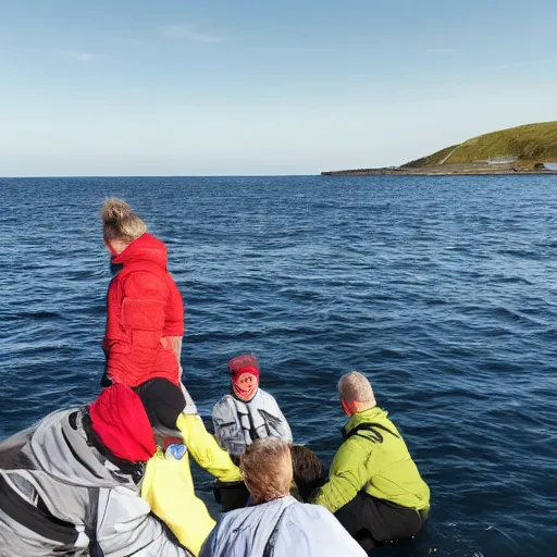 Prompt: en dame står i fjæra og ser ut over havet. I horisonten ser hun en fiskebåt som mannen hennes er ute med. Det regner