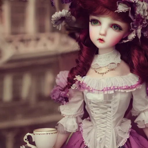 Prompt: A beautiful atmospheric photo of a beautiful Bjd doll girl, wearing cute victorian costume, fantasy tea cup, intricate details, sharp focus, symmetrical composition, octane render, 8k, volumetric lighting