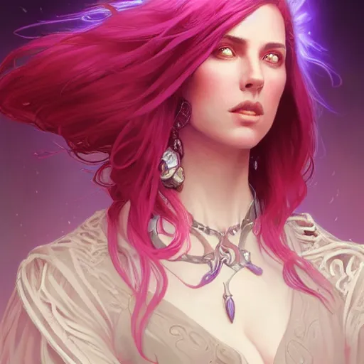 Image similar to necromancer glowing with purple magic, red hair, female, glacier landscape, D&D, fantasy, intricate, elegant, highly detailed, digital painting, artstation, concept art, matte, sharp focus, illustration, art by Artgerm and Greg Rutkowski and Alphonse Mucha