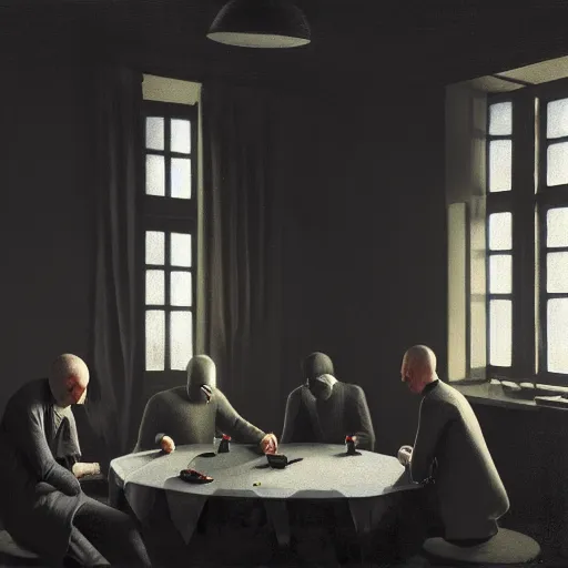 Image similar to covert shadow figures of men in a dark room with a chequered floor conversing around a table in secrecy, moody and atmospheric, dramatic scene, dimly lit room, cgsociety, 8k resolution, trending on artstation, octane render by Quint Buchholz, Pieter Claesz and edward hopper