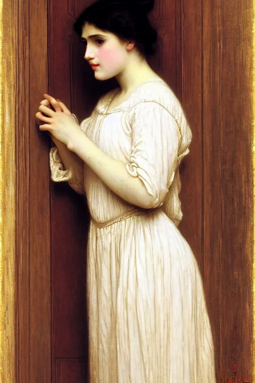 Prompt: girl in thought by auguste toulmouche and bouguereau, intimate lighting, perfect detailed eyes, beautiful hands, pale skin, blonde hair, leaning on door