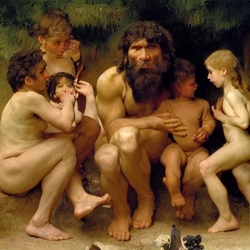 Image similar to portrait of an ancient human species neanderthal muscular rubenesque hairy family, by bouguereau, norman rockwell, ruben, manet, renoir