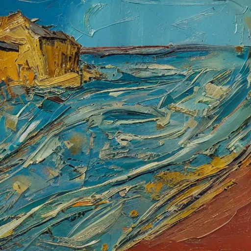 Image similar to oil paint impasto relief, beautiful italian beach scene, multi layered thick brush marks, some splattered paint, in the style of van gogh and frank auerbach and francis bacon