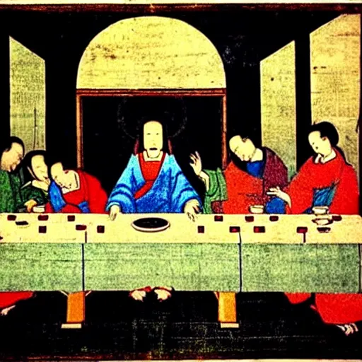 Image similar to “A old Japanese woodblock style painting of The Last Supper by Leonardo da Vinci”