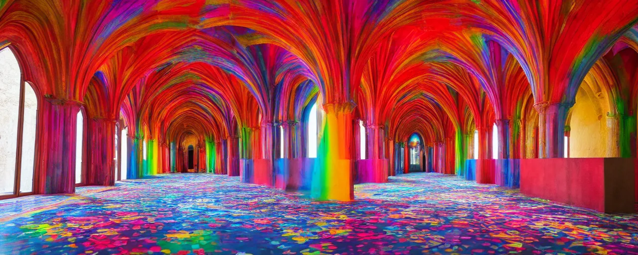 Prompt: Colorful Brutalism Gothic Castle interior and rooms with red carpet flooring and greek architecture arches. Rainbow colors shine through the halls.