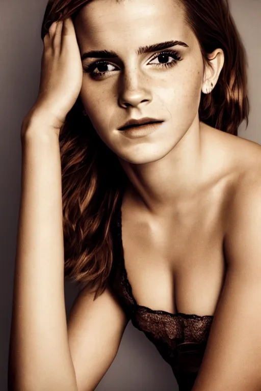 Prompt: High Quality Photograph of Emma Watson!!, Portrait, Cinematic Lighting, 100mm Lens, Boudoir!, Flat Background, Award winning photography