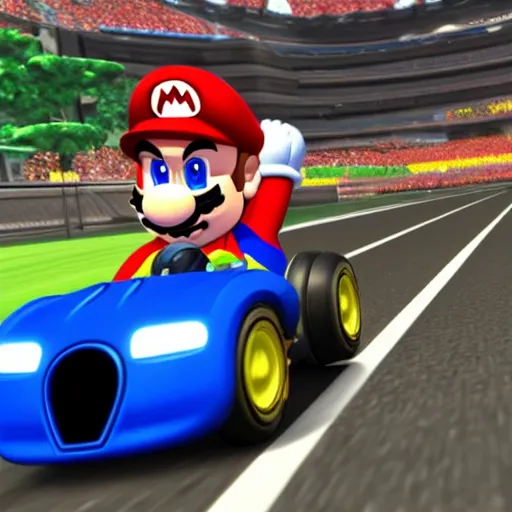 Image similar to super mario driving a bugatti chiron in mario kart 8, screenshot