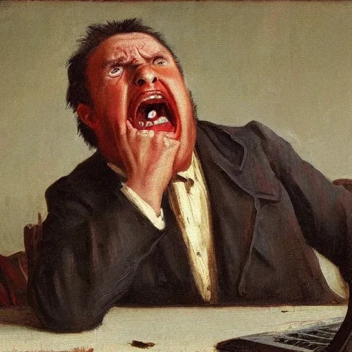 Image similar to an angry man yells at his computer monitor, oil on canvas, 1 8 8 3, highly detailed, high resolution