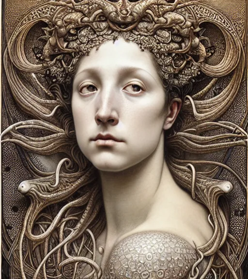 Prompt: detailed realistic beautiful drake goddess face portrait by jean delville, gustave dore, iris van herpen and marco mazzoni, art forms of nature by ernst haeckel, art nouveau, symbolist, visionary, gothic, neo - gothic, pre - raphaelite, fractal lace, intricate alien botanicals, ai biodiversity, surreality, hyperdetailed ultrasharp octane render