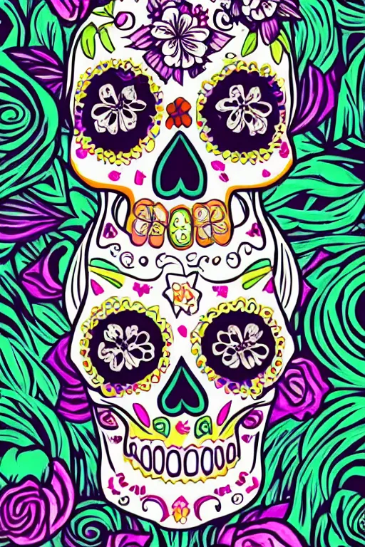 Prompt: illustration of a sugar skull day of the dead girl, art by joe mudureira