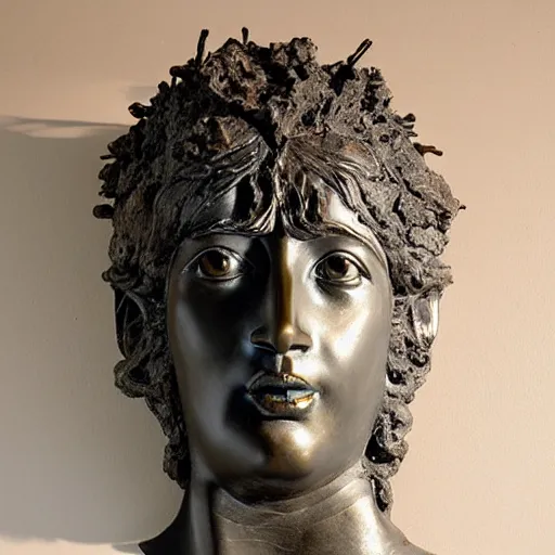 Prompt: greek godness portrait sculpture, face, body, black marble and gold, vines and spines, obsidian drapes