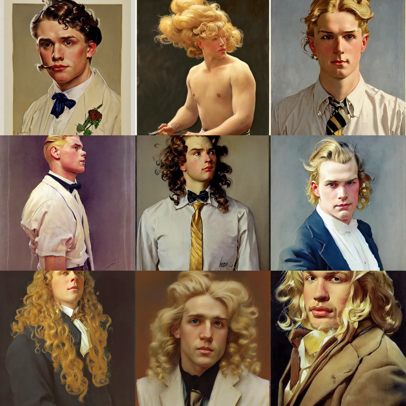 Prompt: Painting of Lucius Bjornsson with long fluffy curly blond hair. By J.C Leyendecker and Norman Rockwell. Androgynous clean shaven scandinavian white man. very very very blond curly hair. golden platinum blond hair. Pale and pretty.