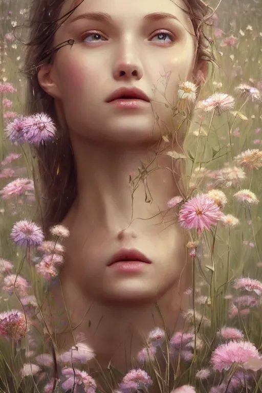 Prompt: stunningly beautiful, prima ballerina in flowery meadow, symmetrical face, golden hour, smooth, focus, highly detailed, hyper realistic, dramatic lighting, elegant, intricate, concept art, art by wlop, mars ravelo, greg rutowski, artstation