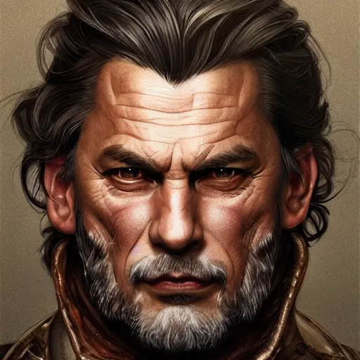 Image similar to portrait of a ruggedly handsome viktor orban, soft hair, muscular, half body, leather, hairy, d & d, fantasy, intricate, elegant, highly detailed, digital painting, artstation, concept art, smooth, sharp focus, illustration, art by artgerm and greg rutkowski and alphonse mucha