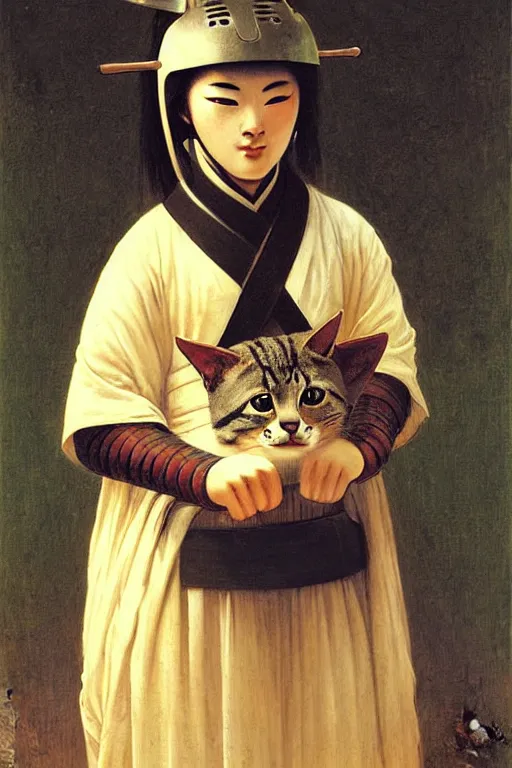 Prompt: portrait of a cat samurai, wearing samurai armor and helmet, majestic, solemn, by bouguereau