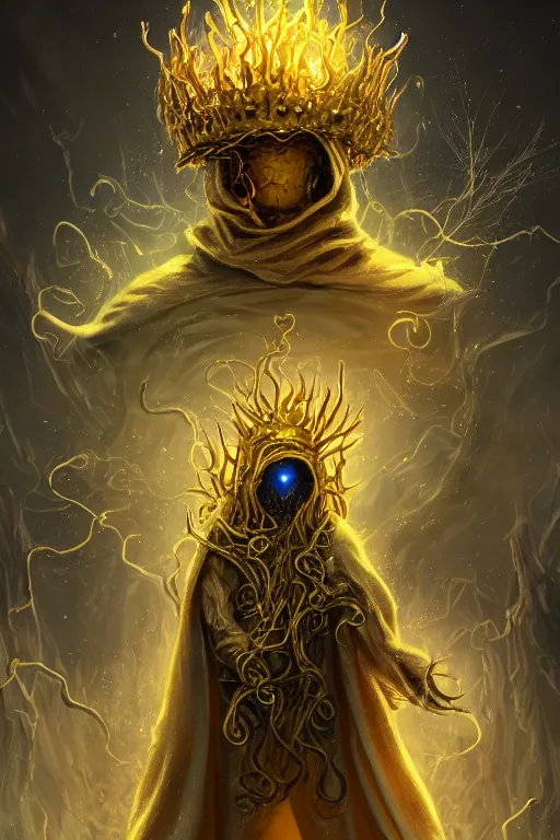 Prompt: A full body portrait of a mysterious character with no face with a very long hooded yellow cloak, a golden crown floating above his head tentacles coming out the ground art by John J. Park, and Jason Chan, ominous, cosmic horror, trending on artstation, Ultra detailed, hyper realistic 4k