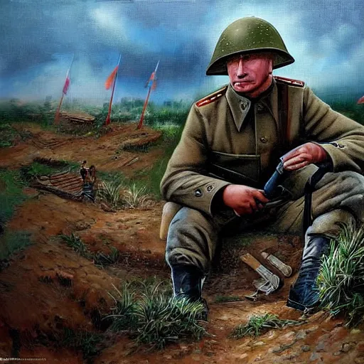 Image similar to Putin is sitting in the trenches and defending himself from Ukrainian troops, Retro futuristic painting style