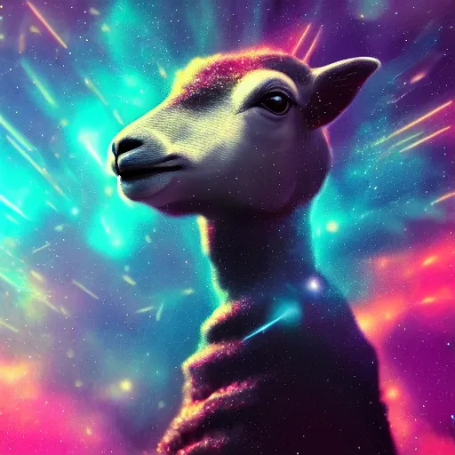 Image similar to portrait from a lamb, feathers, bird, avian, wings, synthwave, universe background, nebula, galaxy, artstation