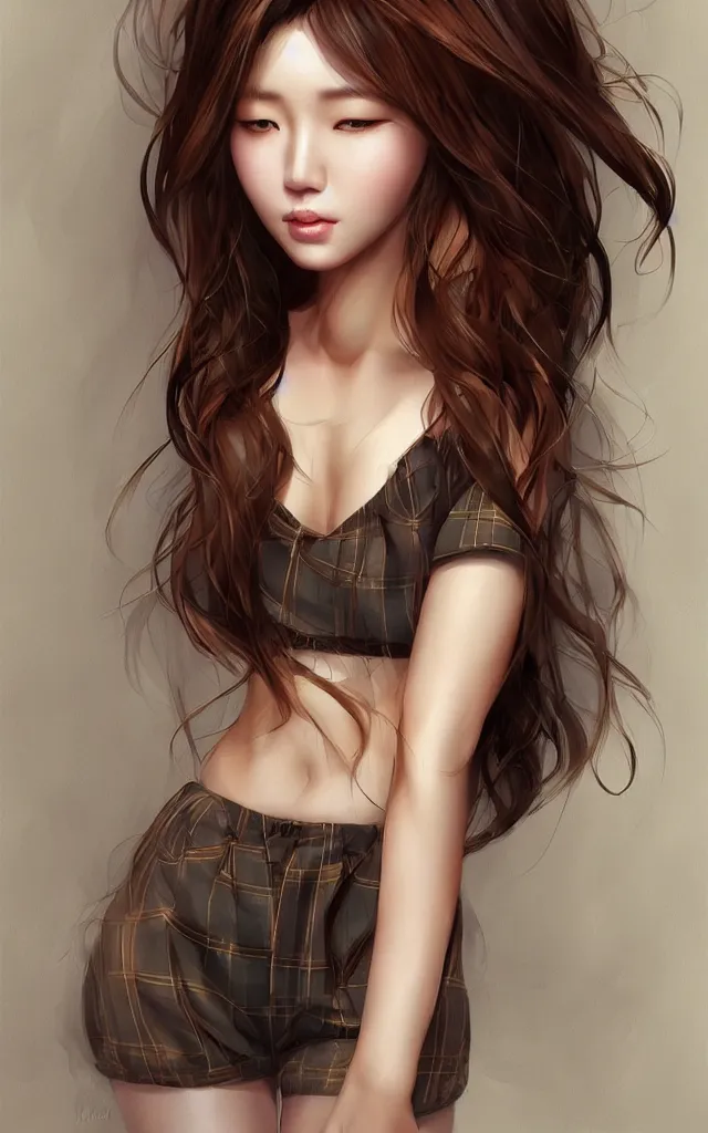 Prompt: a beautiful korean woman with sultry honey eyes and brown hair, wearing plaid pleat shorts and drawstring shirred tube top, stunning, highly detailed, digital painting, artstation, hard focus, art by artgerm and wlop