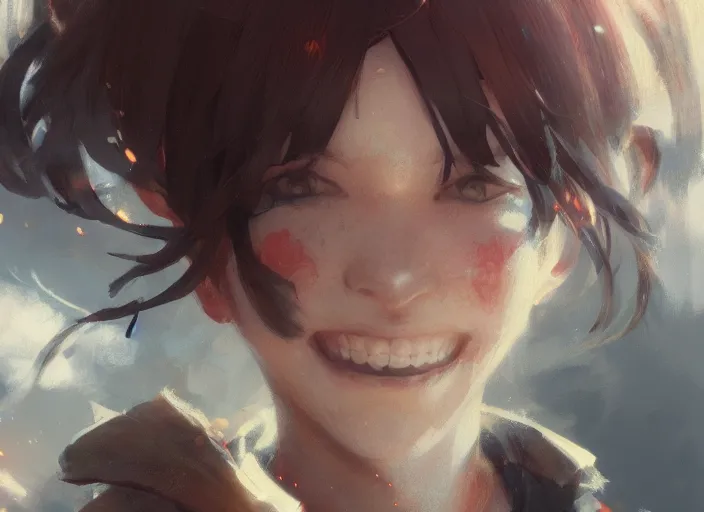 Image similar to closeup of anime girl, smiling, intricate, sharp focus, lens flare, bloom, illustration, highly detailed, digital painting, concept art, matte, art by ruan jia and wlop and greg rutkowski