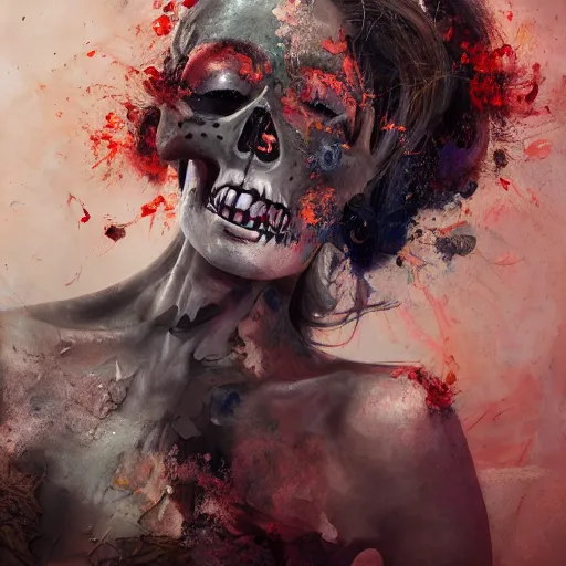 Image similar to full body pose, hyperrealistic mixed media painting of beautiful skull woman, dim volumetric lighting, 8 k, octane beautifully detailed render, extremely hyper detailed, intricate, epic composition, cinematic lighting, masterpiece, trending on artstation, very very detailed, masterpiece, stunning, hdr, smooth, sharp focus, high resolution, award, winning photo, dslr, 5 0 mm