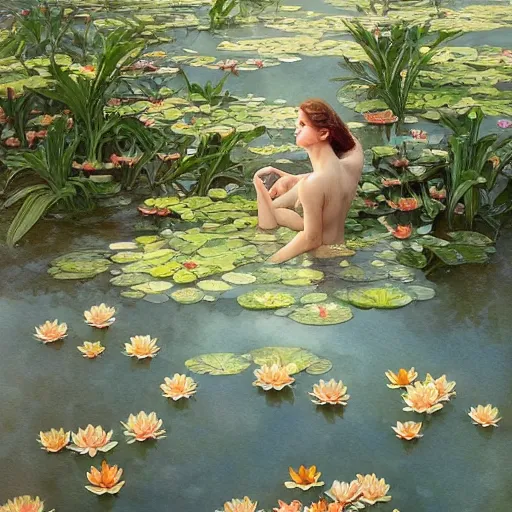 Image similar to Water Lillies in Paradise, Watercolor, photorealistic, high resolution, award winning, trending on artstation, intricate, elegant, highly detailed, digital painting, artstation, concept art, smooth, sharp focus, illustration, art by artgerm and greg rutkowski and alphonse mucha