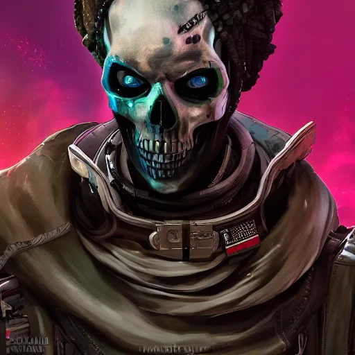 Prompt: a menacing somali space pirate with skull face paint, Apex Legends character digital illustration portrait design, by android jones, detailed, cinematic lighting, wide angle action dynamic portrait