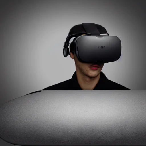 Image similar to A studio photo of a VR headset on a empty surface, digital art