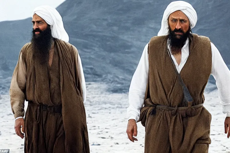 Prompt: Daniel Craig as a Osama Bin Laden doppelgänger in the new movie directed by Christopher Nolan, movie still frame, promotional image, symmetrical shot, idiosyncratic, relentlessly detailed, limited colour palette