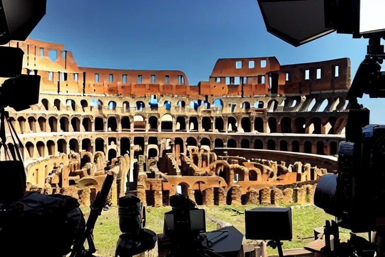 Image similar to vfx film, on set, on location, big production, roman extras, roman army, colosseum, outdoor, behind the scenes, film production, making of, flat color profile low - key lighting award winning photography arri alexa cinematography, hyper real photorealistic cinematic beautiful, atmospheric cool colorgrade