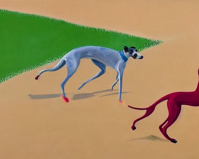 Image similar to close-up of a whippet running at beach, painting by david hockney, highly detailed