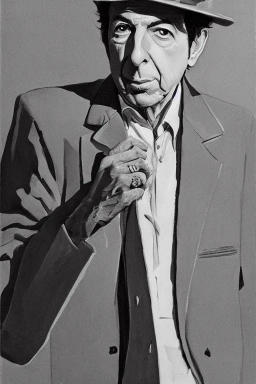 Prompt: portrait of leonard cohen, wearing trilby, immaculately dressed, by Frank McCarthy