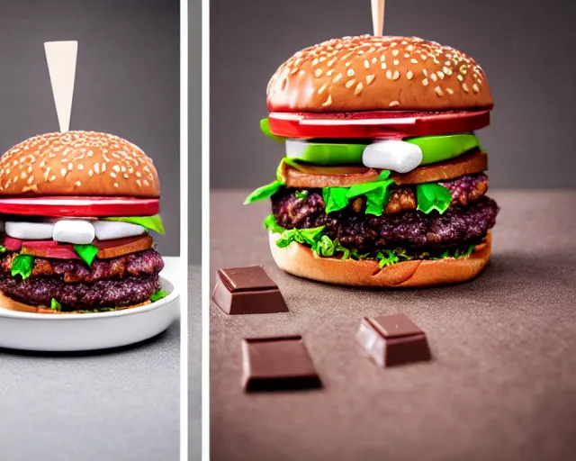 Image similar to dslr food photograph of burger with marshmallows in it, some chocolate sauce, 8 5 mm f 1. 4