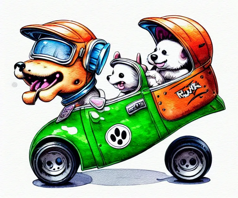 Image similar to cute and funny, puppy wearing a helmet riding in a tiny hot rod with an oversized engine, ratfink style by ed roth, centered award winning watercolor pen illustration, isometric illustration by chihiro iwasaki, edited by range murata, tiny details by artgerm and watercolor girl, symmetrically isometrically centered, sharply focused