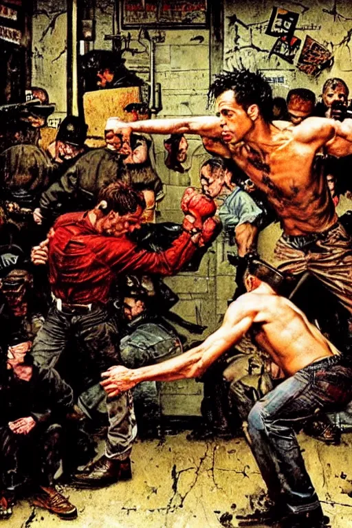 Prompt: Tyler Durden fighting in a basement painted by Norman Rockwell