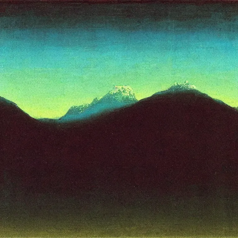 Prompt: caucaus mountains at night bathed painted by christian mystic arkhip kuindzhi with a teal palette