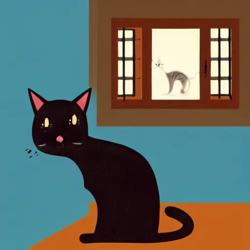 Image similar to illustration of a cat with a black spot on her trunk in an old house with a window next to the blue sky , trending on artstation, trending on deviantart