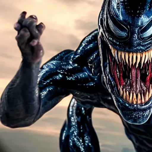 Image similar to Mackenzie Gray as Eddie Brock from Venom (2018), 4k, insanely detailed, fangs