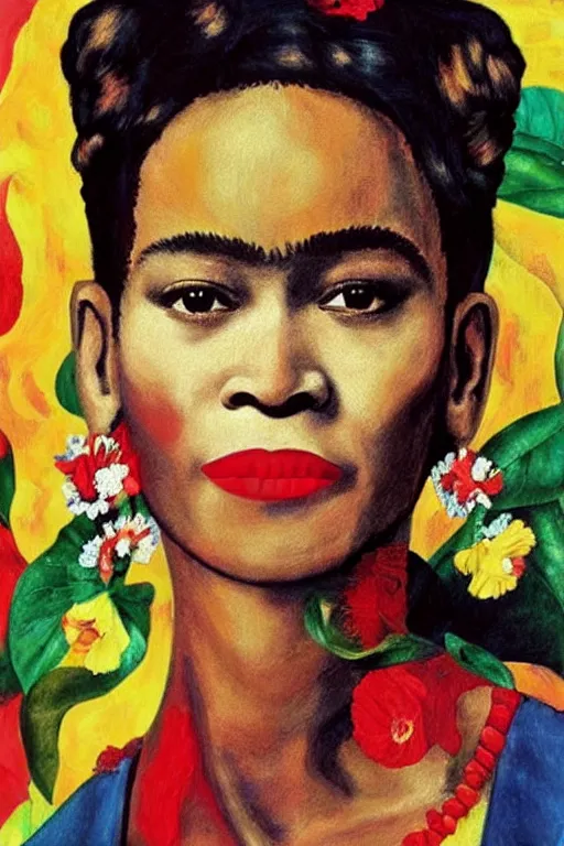 Prompt: Whitney Houston in Frida Kahlo painting style