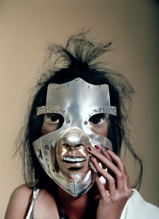 Image similar to a fashion portrait photograph of a woman wearing a metal mask designed by david lachapelle, 3 5 mm, color film camera,