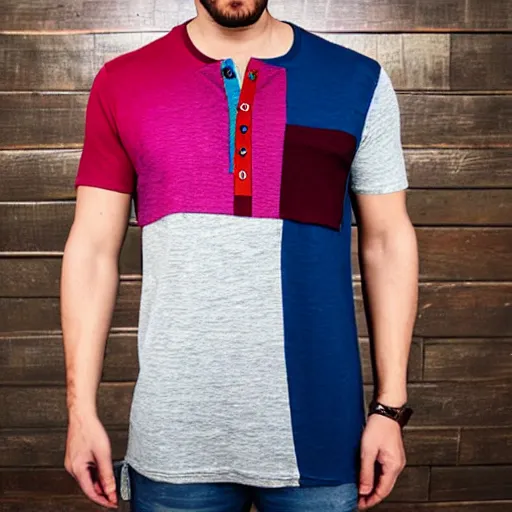 Image similar to men's henley tshirt, patchwork, bold colors