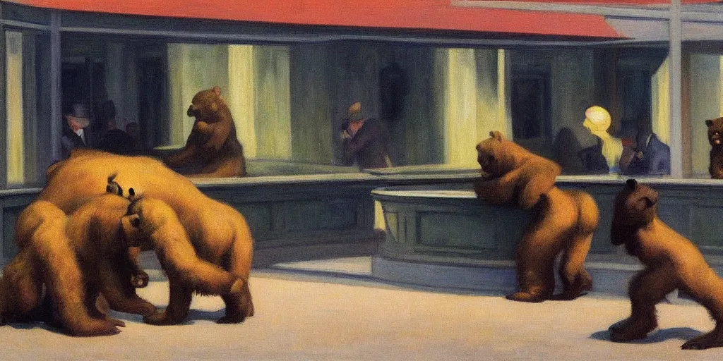 Image similar to edward hopper's painting, of a group of werebears robbing a bank, foggy